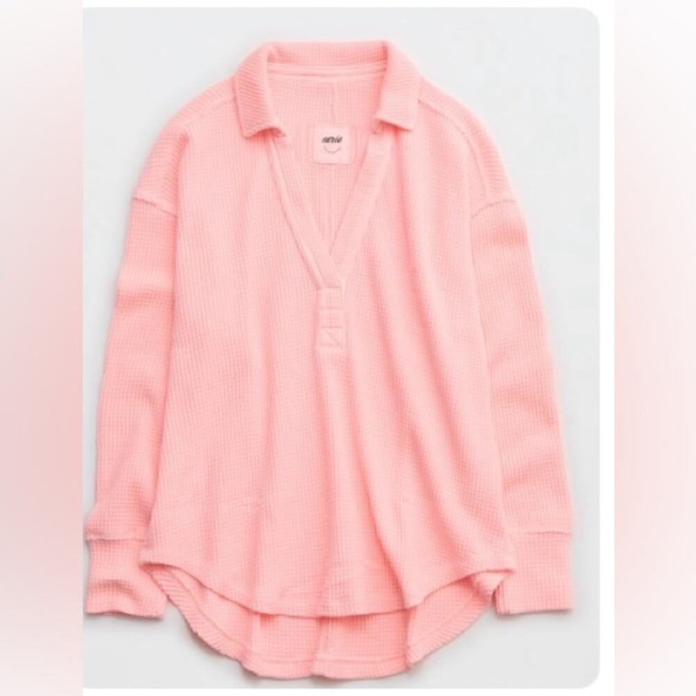 Aerie Lumberjane Waffle Knit Polo Top Sweatshirt Pink Size XXS